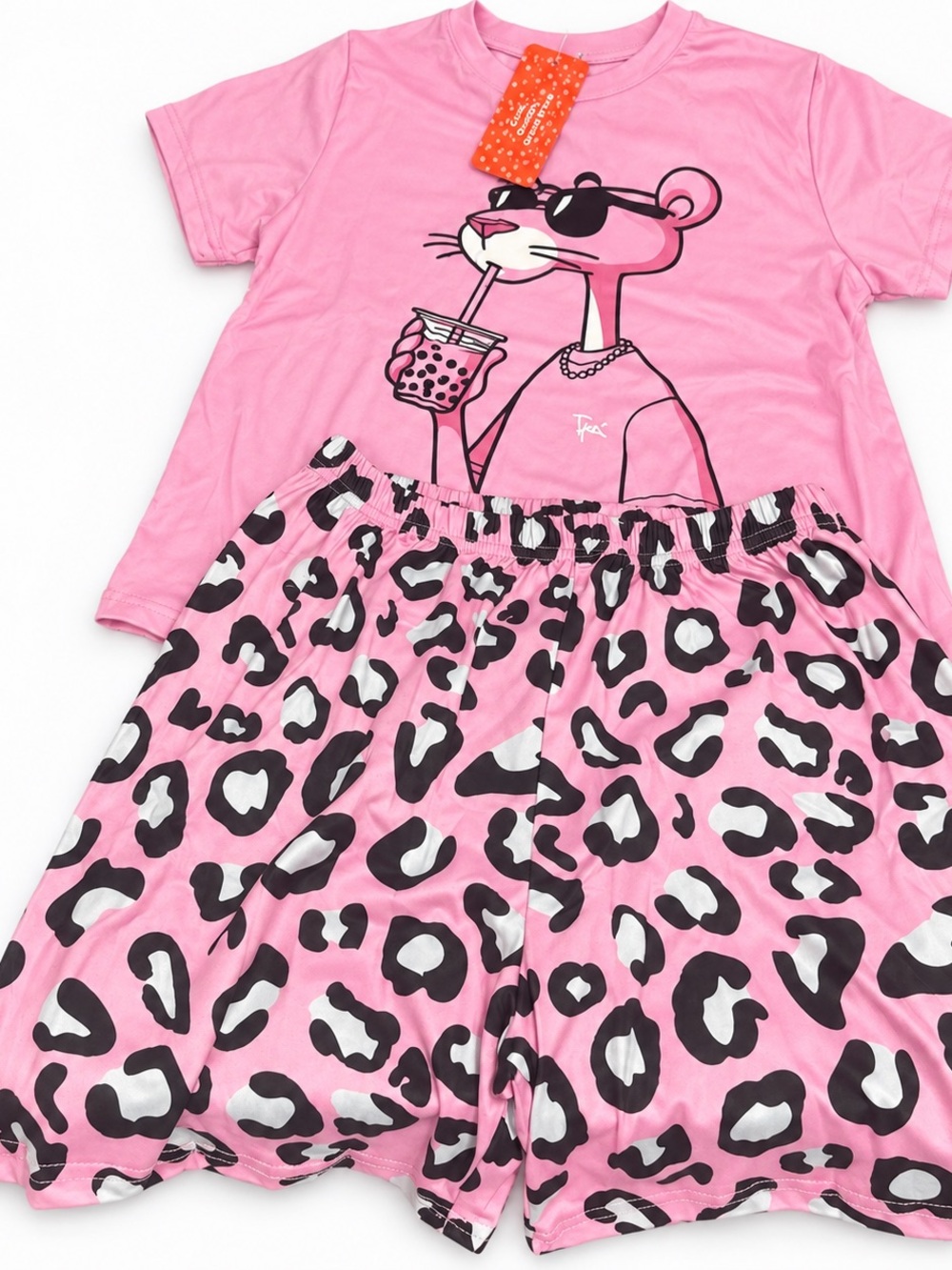 Kids Pink Leopard Print Pajama Set with Graphic Top